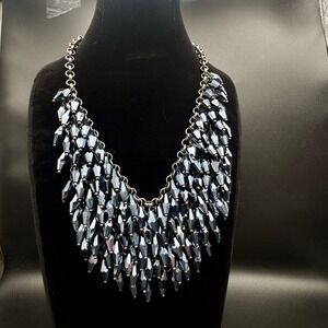 Goth Glam Statement Bib Necklace Blue Fringe Beads Grunge Heavy Links 137g Drama